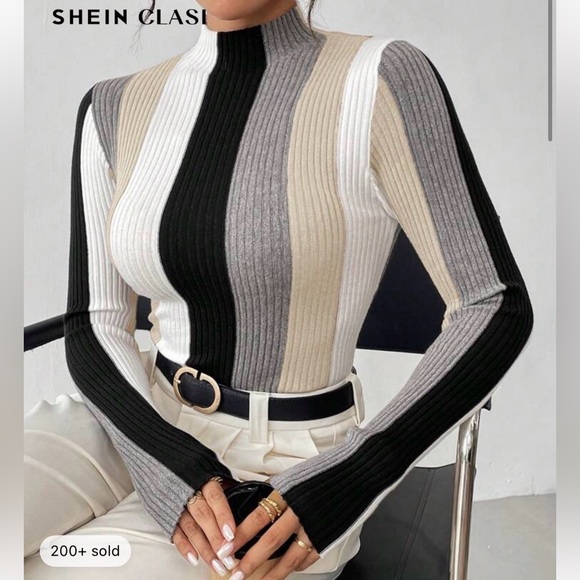 SHEIN Tops - Striped Ribbed Knit Turtleneck Sweater